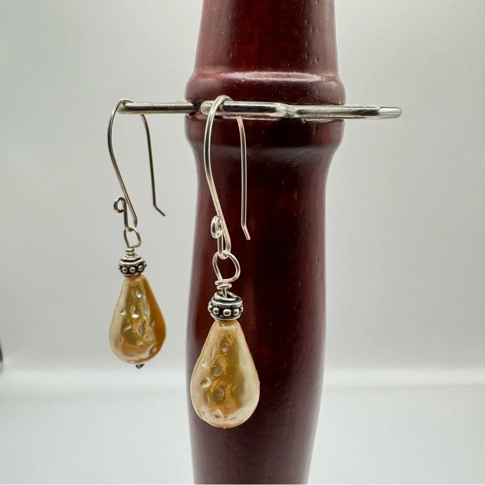 Handmade Golden Teardrop Pearl Earrings | Silver Hook Dangle Jewelry